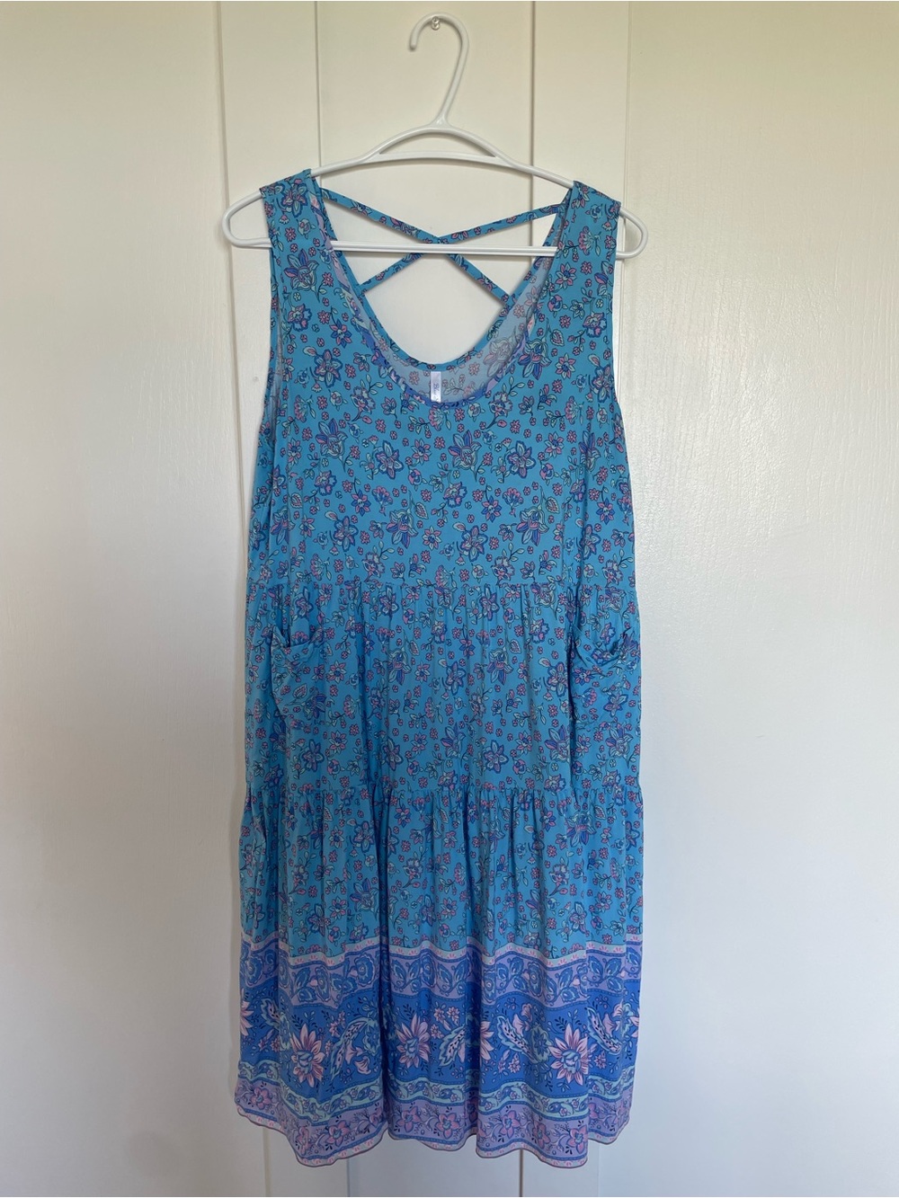 Light Blue Floral Knee-Length Dress with Crisscross Back Straps